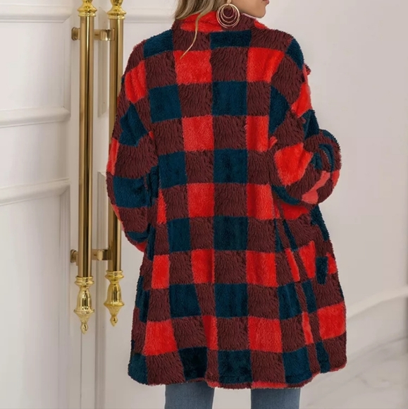 SHERPA Fleece Sweater Coat Shacket Buffalo Plaid Teddy Cardigan Jacket NEW! S-XL - Picture 2 of 5